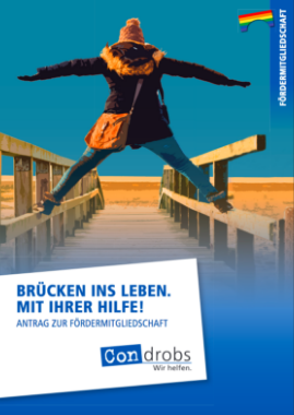 flyer mitgliedschaft_condrobs Condrobs-Flyer Fördermitgliedschaft. Eine Person auf einer Brücke und oben rechts eine Regenbogenfahne. Titel: Brücken ins Leben. Mit Ihrer Hilfe