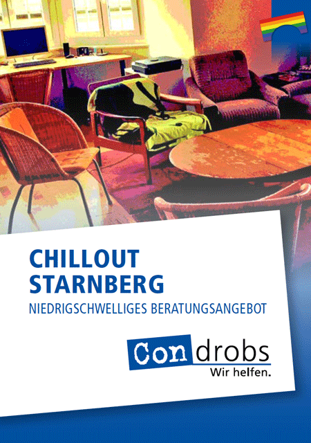 chillout_flyer_prev Condrobs-Flyer Fördermitgliedschaft. Eine Person auf einer Brücke und oben rechts eine Regenbogenfahne. Titel: Brücken ins Leben. Mit Ihrer Hilfe