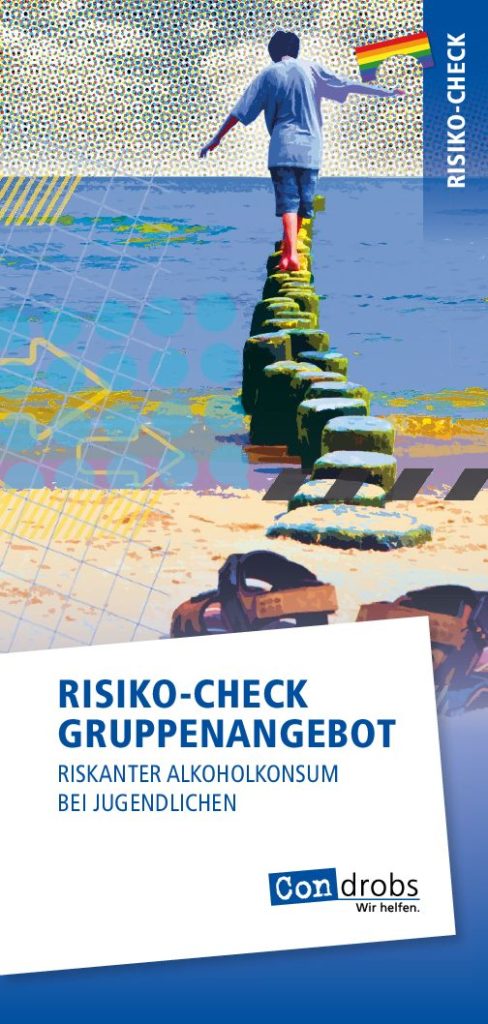 Flyer_Regional_Ingolstadt_Suchthilfe Condrobs-Flyer Fördermitgliedschaft. Eine Person auf einer Brücke und oben rechts eine Regenbogenfahne. Titel: Brücken ins Leben. Mit Ihrer Hilfe