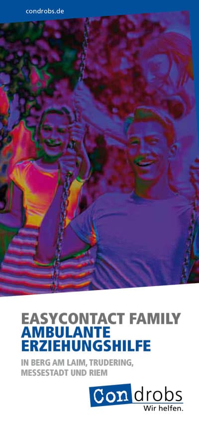 EasyContact_familyAEH_Flyer Condrobs-Flyer Fördermitgliedschaft. Eine Person auf einer Brücke und oben rechts eine Regenbogenfahne. Titel: Brücken ins Leben. Mit Ihrer Hilfe