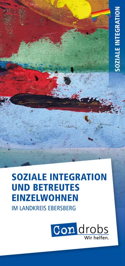 SI-BEW_Flyer Condrobs-Flyer Fördermitgliedschaft. Eine Person auf einer Brücke und oben rechts eine Regenbogenfahne. Titel: Brücken ins Leben. Mit Ihrer Hilfe