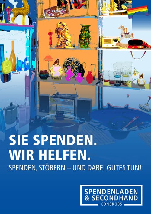 Spendenladen_Flyer Condrobs-Flyer Fördermitgliedschaft. Eine Person auf einer Brücke und oben rechts eine Regenbogenfahne. Titel: Brücken ins Leben. Mit Ihrer Hilfe