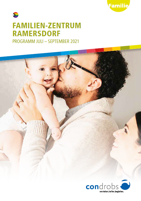 famzentrum_heftpreview_juli21 Condrobs-Flyer Fördermitgliedschaft. Eine Person auf einer Brücke und oben rechts eine Regenbogenfahne. Titel: Brücken ins Leben. Mit Ihrer Hilfe