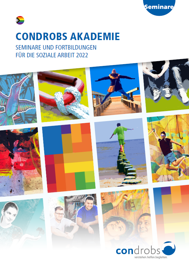 akademie_preview Condrobs-Flyer Fördermitgliedschaft. Eine Person auf einer Brücke und oben rechts eine Regenbogenfahne. Titel: Brücken ins Leben. Mit Ihrer Hilfe