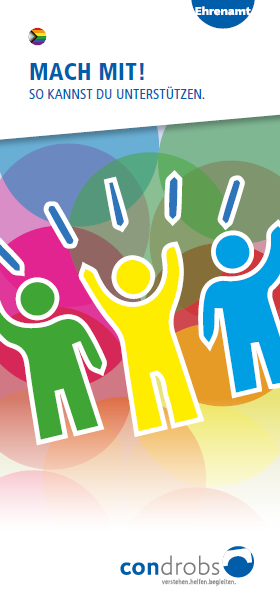 Ehrenamt Condrobs-Flyer Fördermitgliedschaft. Eine Person auf einer Brücke und oben rechts eine Regenbogenfahne. Titel: Brücken ins Leben. Mit Ihrer Hilfe