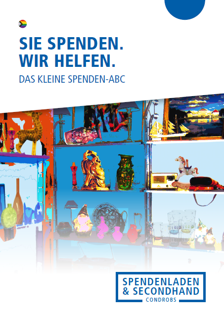 Spendenladen Condrobs-Flyer Fördermitgliedschaft. Eine Person auf einer Brücke und oben rechts eine Regenbogenfahne. Titel: Brücken ins Leben. Mit Ihrer Hilfe