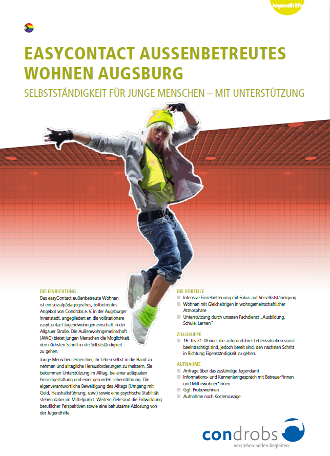 Außenbetreutes Wohnen Augsburg-Flyer Condrobs-Flyer Fördermitgliedschaft. Eine Person auf einer Brücke und oben rechts eine Regenbogenfahne. Titel: Brücken ins Leben. Mit Ihrer Hilfe