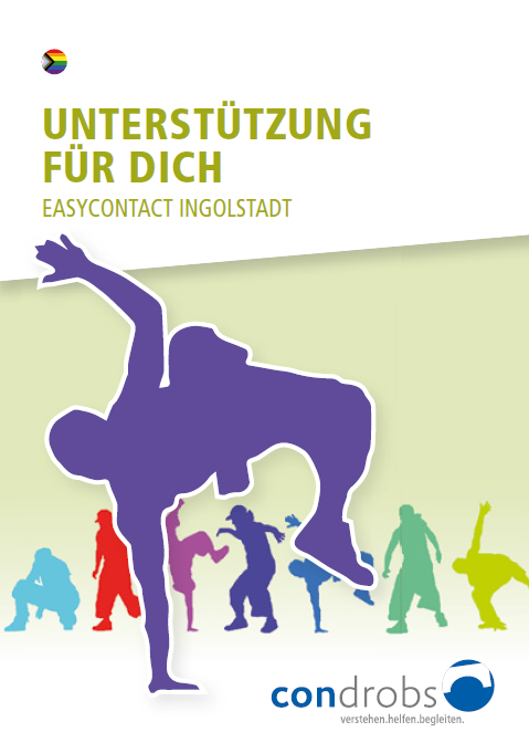 Condrobs-Flyer Fördermitgliedschaft. Eine Person auf einer Brücke und oben rechts eine Regenbogenfahne. Titel: Brücken ins Leben. Mit Ihrer Hilfe