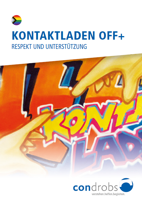 off_flyer_preview Condrobs-Flyer Fördermitgliedschaft. Eine Person auf einer Brücke und oben rechts eine Regenbogenfahne. Titel: Brücken ins Leben. Mit Ihrer Hilfe