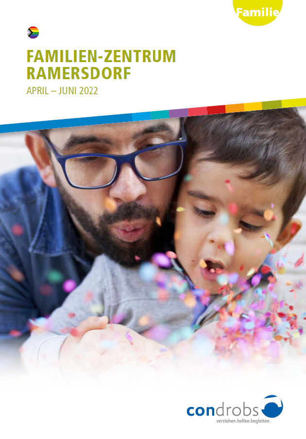 Famze_Programm22-1 Condrobs-Flyer Fördermitgliedschaft. Eine Person auf einer Brücke und oben rechts eine Regenbogenfahne. Titel: Brücken ins Leben. Mit Ihrer Hilfe