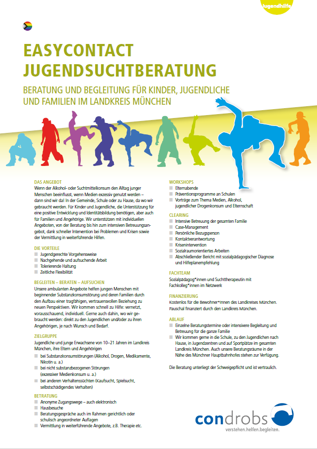 Condrobs-Flyer Fördermitgliedschaft. Eine Person auf einer Brücke und oben rechts eine Regenbogenfahne. Titel: Brücken ins Leben. Mit Ihrer Hilfe