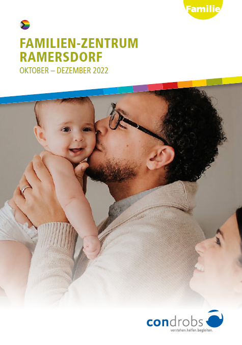 famze.Jul22 Condrobs-Flyer Fördermitgliedschaft. Eine Person auf einer Brücke und oben rechts eine Regenbogenfahne. Titel: Brücken ins Leben. Mit Ihrer Hilfe