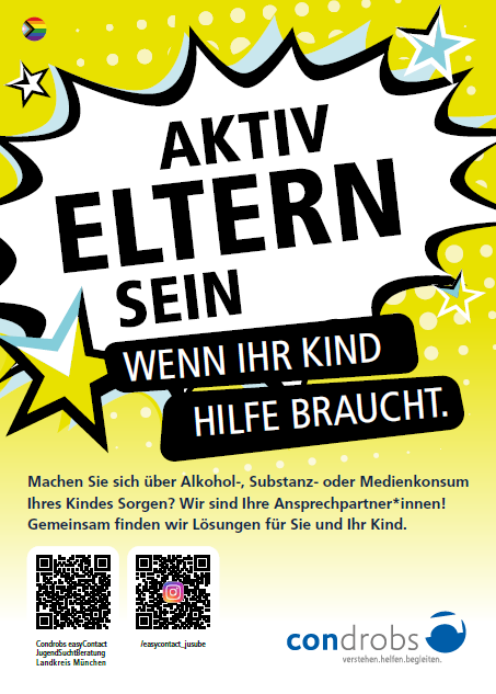 Condrobs-Flyer Fördermitgliedschaft. Eine Person auf einer Brücke und oben rechts eine Regenbogenfahne. Titel: Brücken ins Leben. Mit Ihrer Hilfe