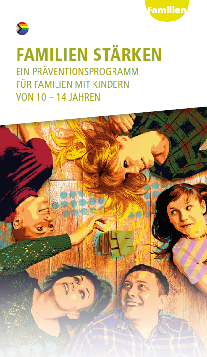 familienstaerken Condrobs-Flyer Fördermitgliedschaft. Eine Person auf einer Brücke und oben rechts eine Regenbogenfahne. Titel: Brücken ins Leben. Mit Ihrer Hilfe