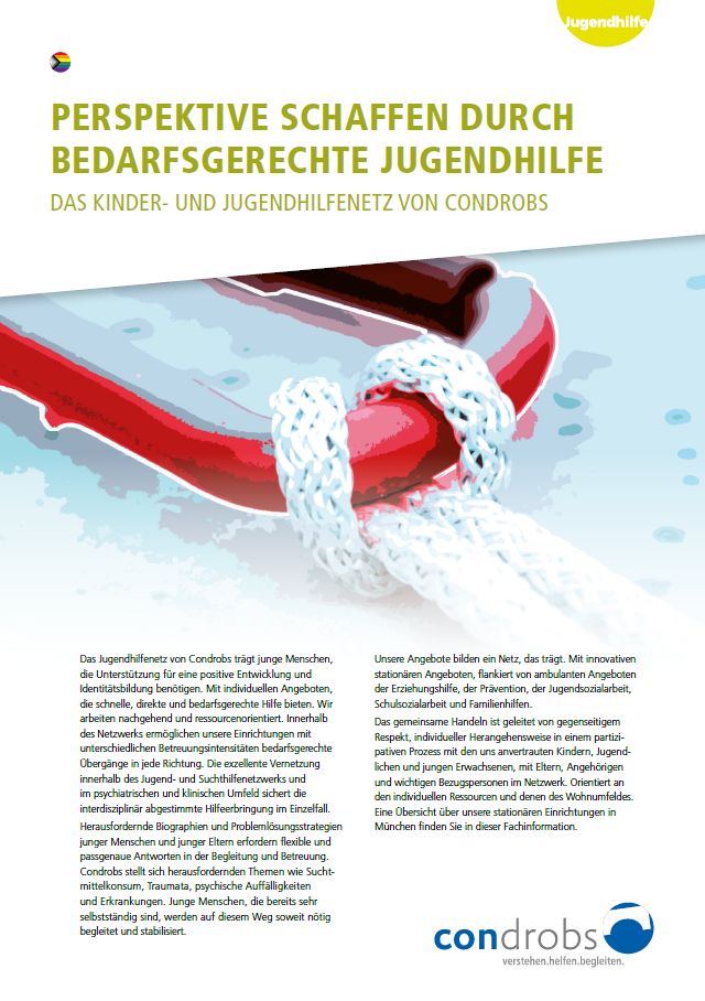 Condrobs-Flyer Fördermitgliedschaft. Eine Person auf einer Brücke und oben rechts eine Regenbogenfahne. Titel: Brücken ins Leben. Mit Ihrer Hilfe