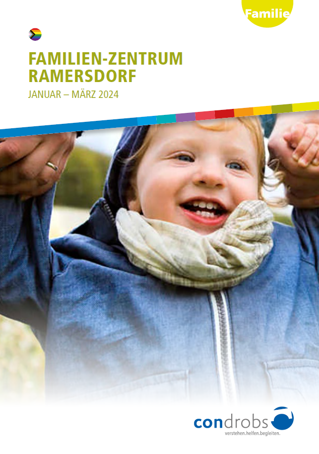 FamZe_Jan24_Flyer Condrobs-Flyer Fördermitgliedschaft. Eine Person auf einer Brücke und oben rechts eine Regenbogenfahne. Titel: Brücken ins Leben. Mit Ihrer Hilfe