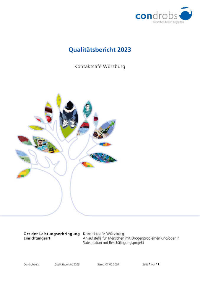 Qualitaetsbericht Kontaktcafe 2023 Condrobs-Flyer Fördermitgliedschaft. Eine Person auf einer Brücke und oben rechts eine Regenbogenfahne. Titel: Brücken ins Leben. Mit Ihrer Hilfe
