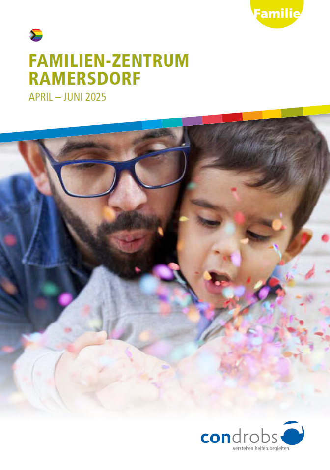 Condrobs-Flyer Fördermitgliedschaft. Eine Person auf einer Brücke und oben rechts eine Regenbogenfahne. Titel: Brücken ins Leben. Mit Ihrer Hilfe