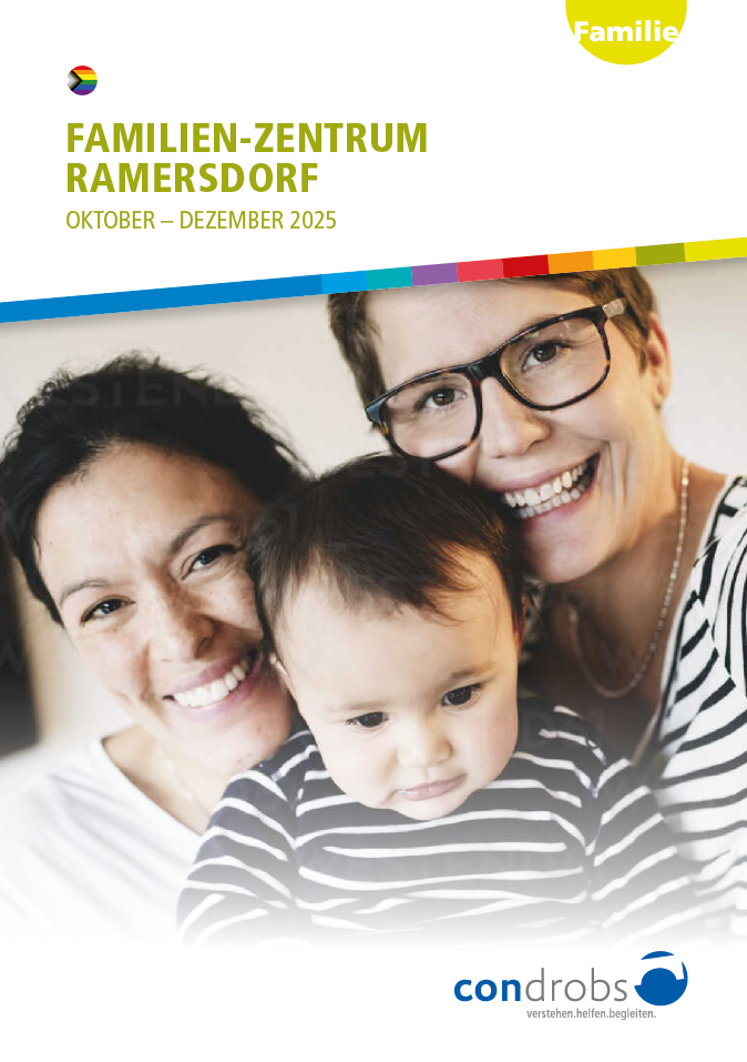 HeftFamZeOktdez25 Condrobs-Flyer Fördermitgliedschaft. Eine Person auf einer Brücke und oben rechts eine Regenbogenfahne. Titel: Brücken ins Leben. Mit Ihrer Hilfe
