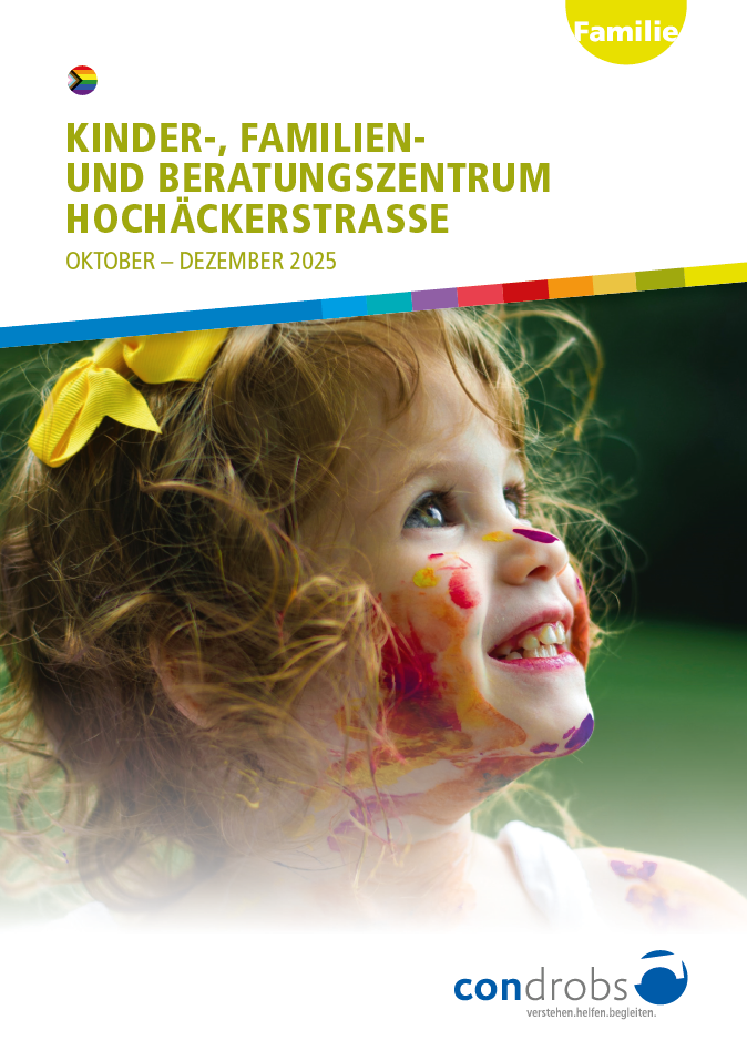 Condrobs-Flyer Fördermitgliedschaft. Eine Person auf einer Brücke und oben rechts eine Regenbogenfahne. Titel: Brücken ins Leben. Mit Ihrer Hilfe