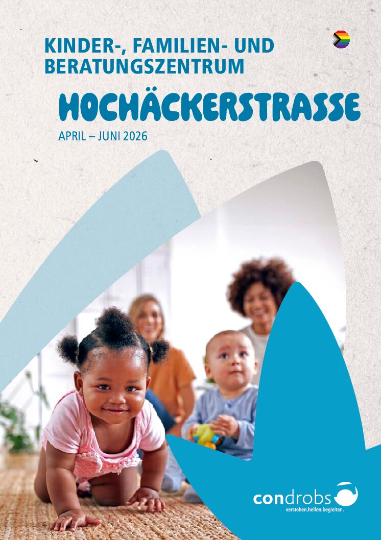 Condrobs-Flyer Fördermitgliedschaft. Eine Person auf einer Brücke und oben rechts eine Regenbogenfahne. Titel: Brücken ins Leben. Mit Ihrer Hilfe