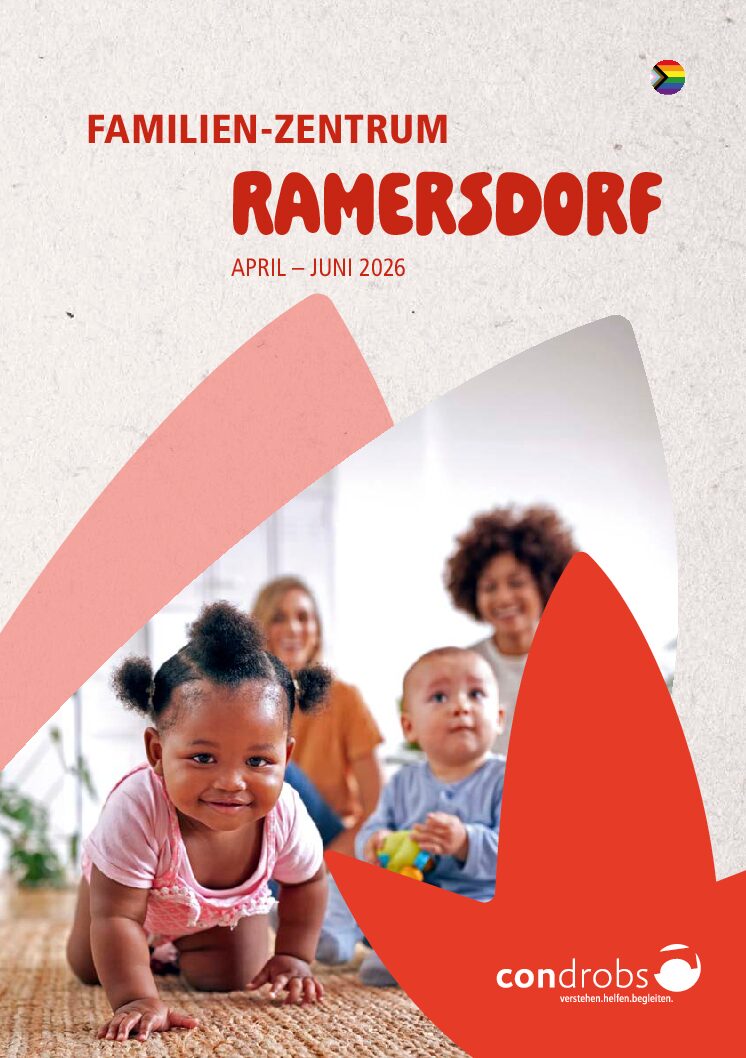 Condrobs-Flyer Fördermitgliedschaft. Eine Person auf einer Brücke und oben rechts eine Regenbogenfahne. Titel: Brücken ins Leben. Mit Ihrer Hilfe