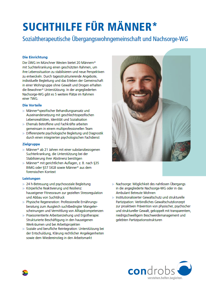 Condrobs-Flyer Fördermitgliedschaft. Eine Person auf einer Brücke und oben rechts eine Regenbogenfahne. Titel: Brücken ins Leben. Mit Ihrer Hilfe